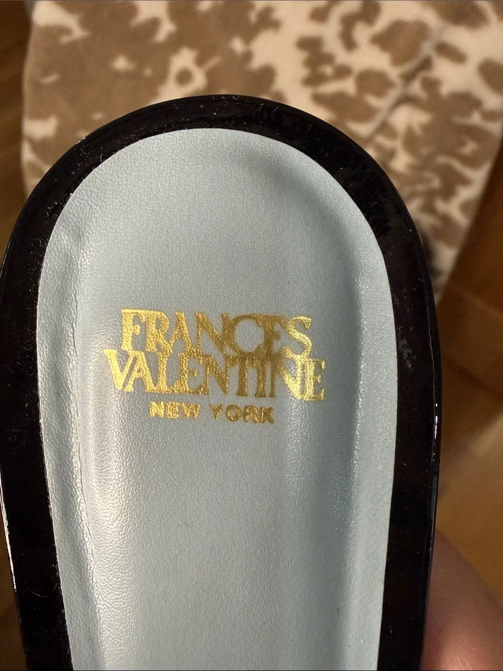 Francis Valentine Patent Black Slingback Sandals with Striped Block Heel - Picture 2 of 5